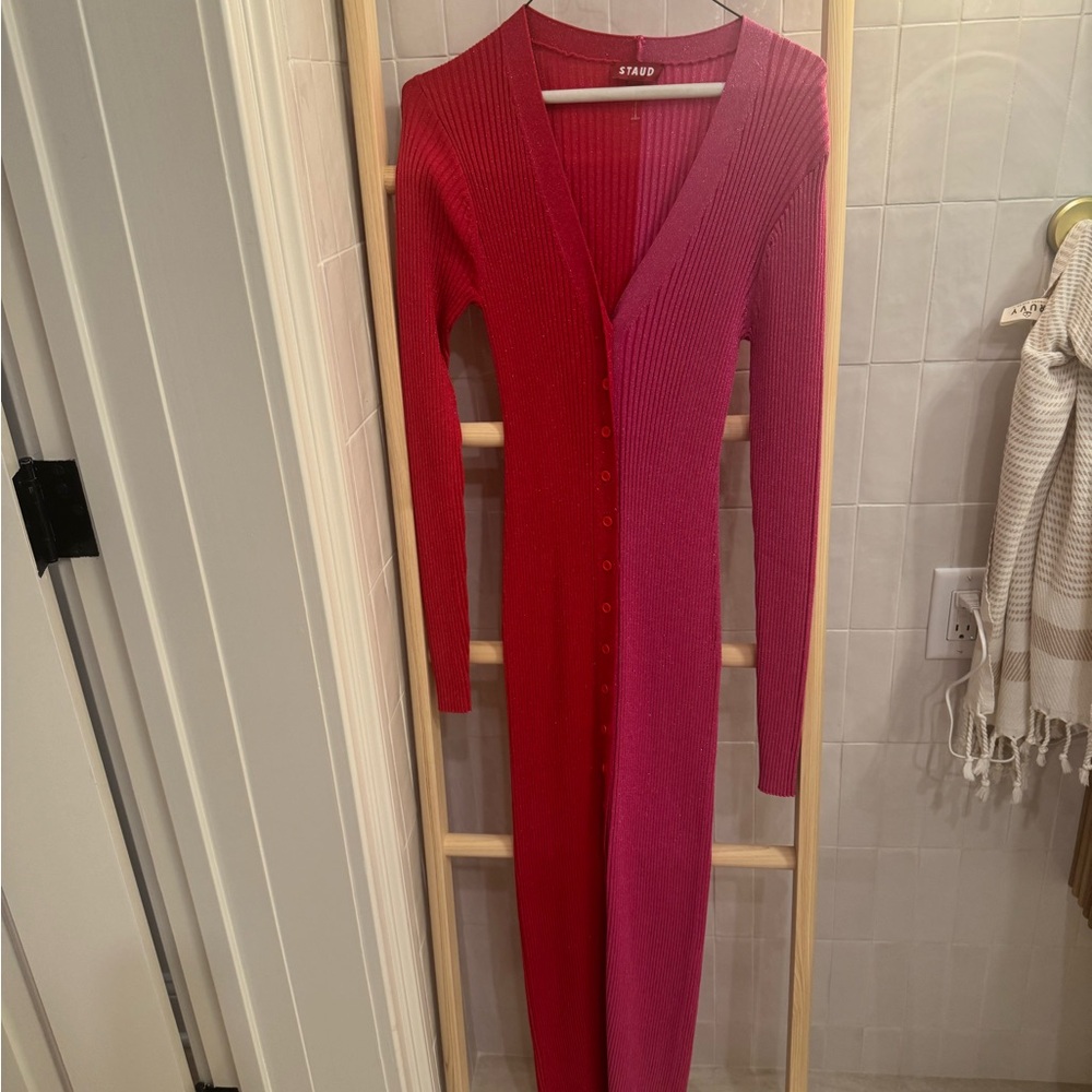 STAUD Shoko dress Colorblock Pink Rib-Knit Button-Front Dress - Women - Picture 2 of 8